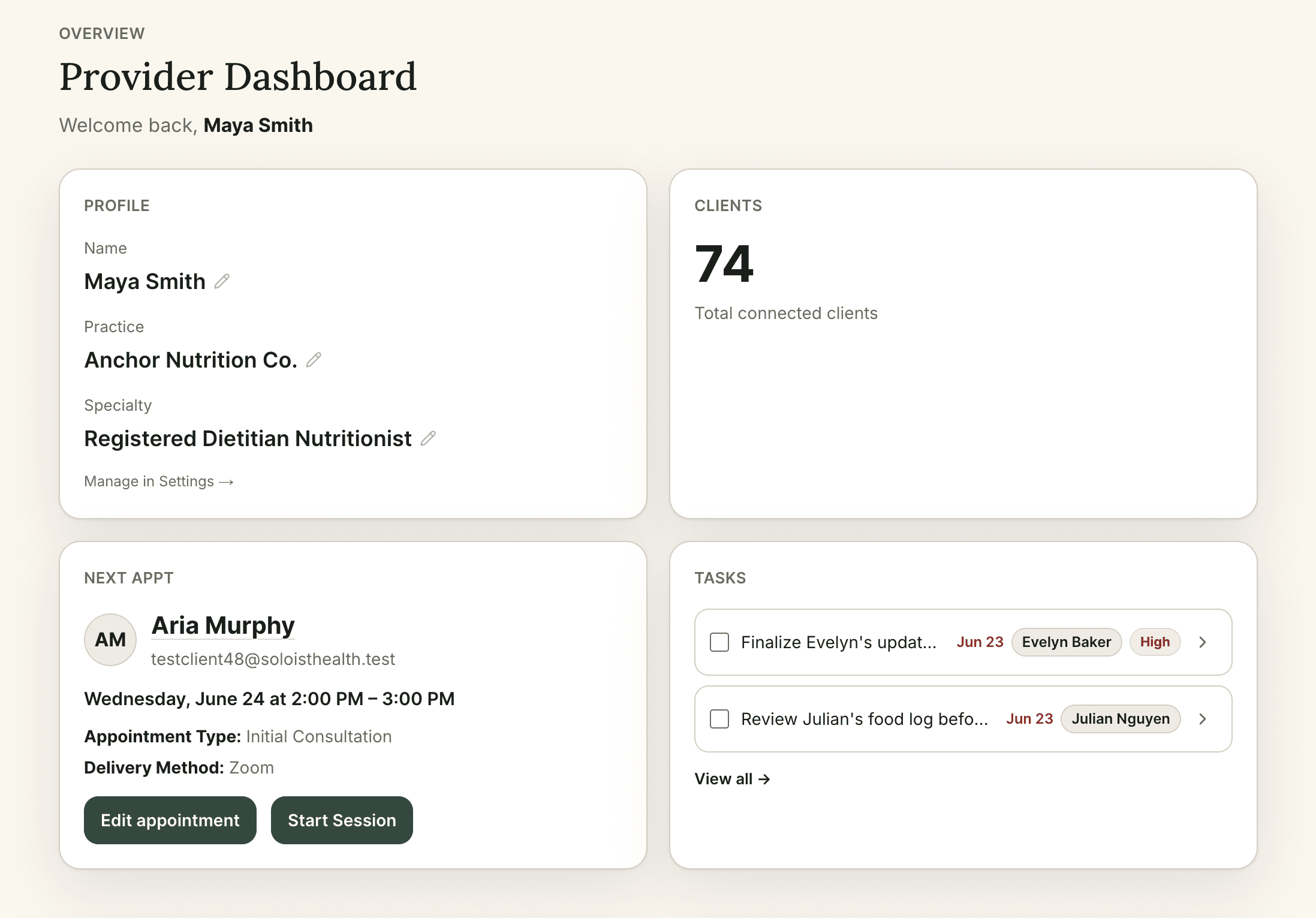 The SoloistHealth provider dashboard: a dietitian's command center showing 74 connected clients, the next telehealth appointment, and today's tasks.