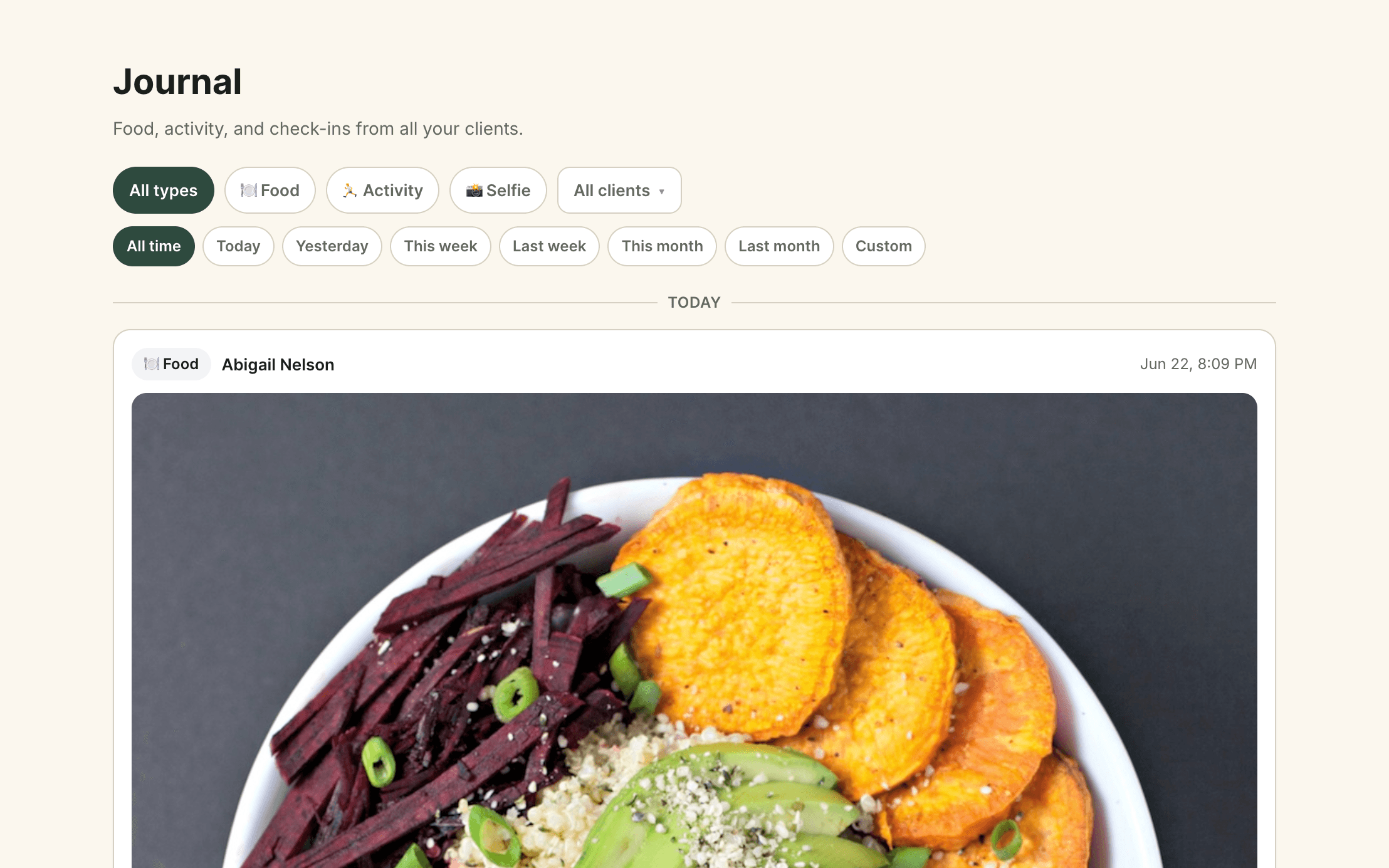 A client's food journal in SoloistHealth, a photographed meal logged to the all-clients check-in feed, filterable by type and date.