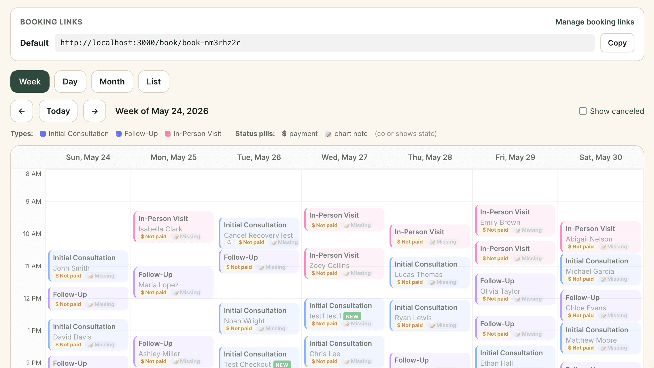 The SoloistHealth week calendar, a full schedule of appointments by type, with self-booking links and payment status.